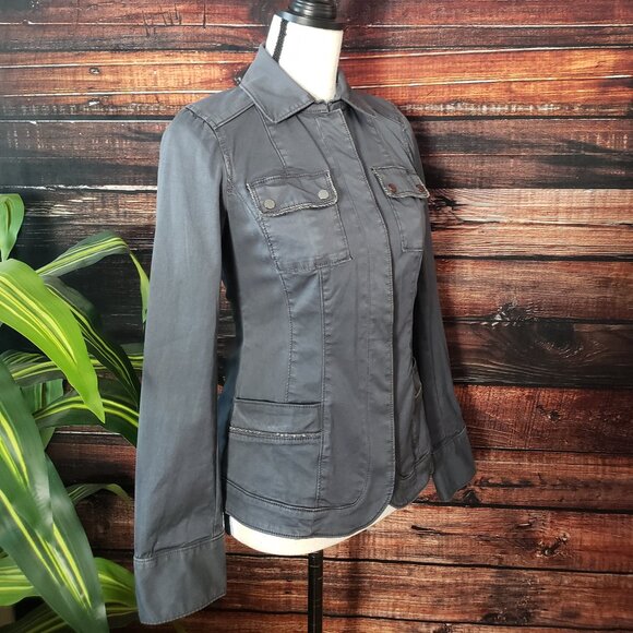 White House Black Market Jacket Size 0 Slate Gray Peplum Embellished Cotton Snap - Picture 2 of 12